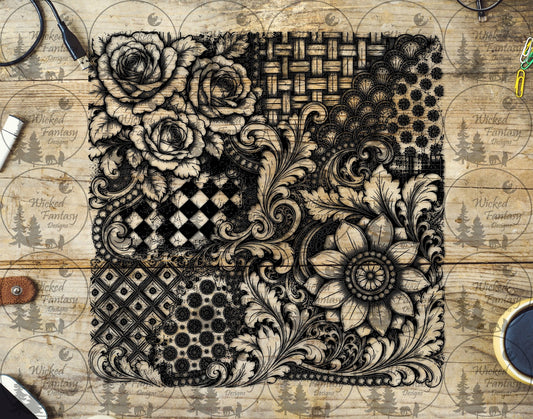 UVDTF Western Tooled Roses Grunge Patchwork 20oz 30oz 10"x10"