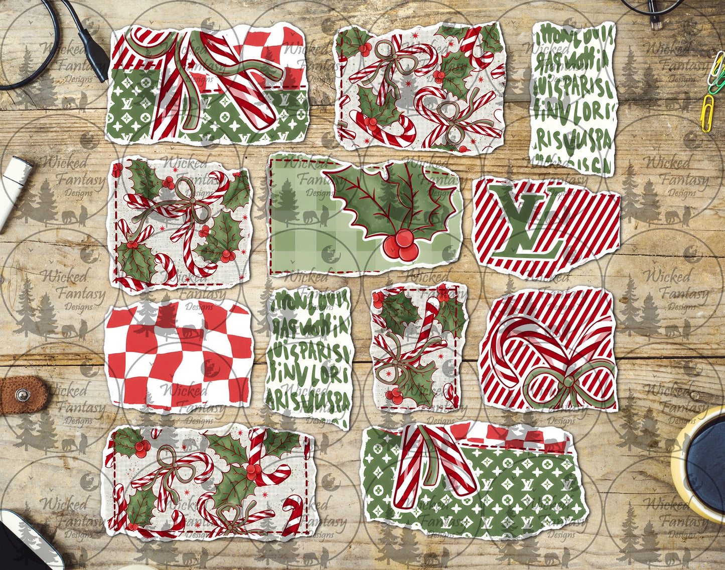 UVDTF Bougie Christmas Patchwork Ripped Pages Element Sheet