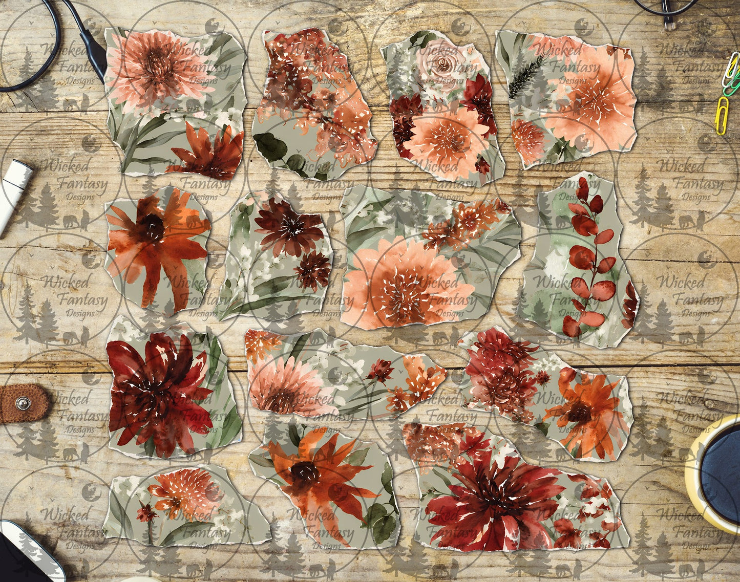 UVDTF Autumn Floral Ripped Pages Element Sheet