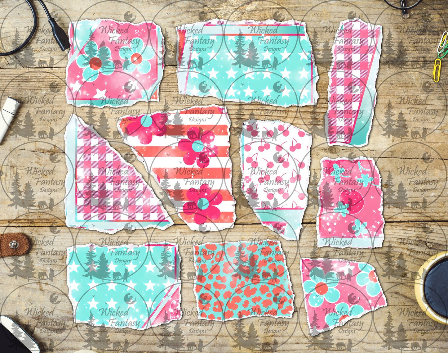 UVDTF Pink Gingham Floral Ripped Pages Element Sheet