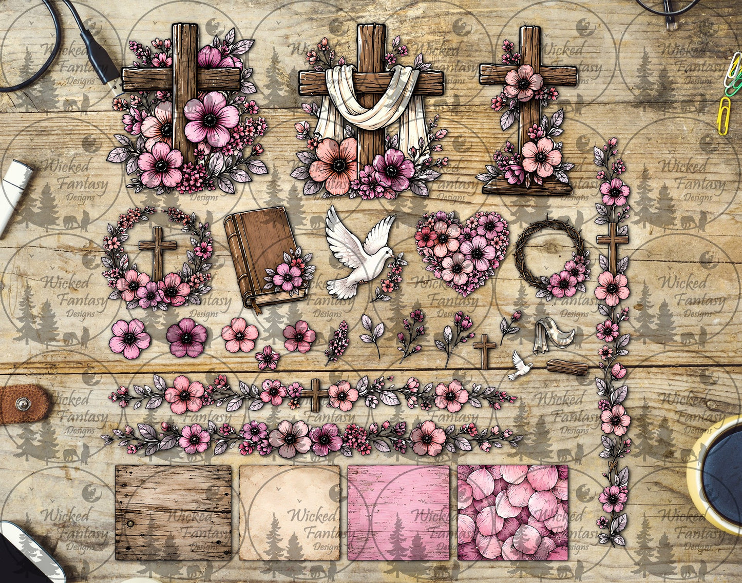UVDTF Pink Floral Crosses Multimedia Element Sheet