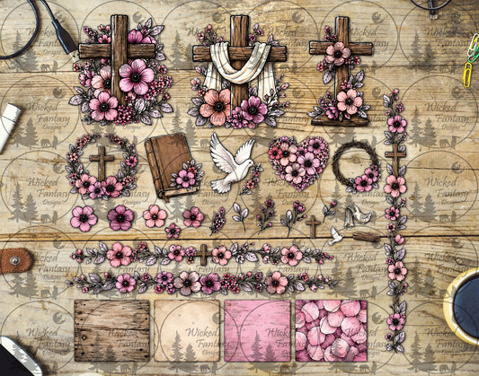 UVDTF Pink Floral Crosses Multimedia Element Sheet