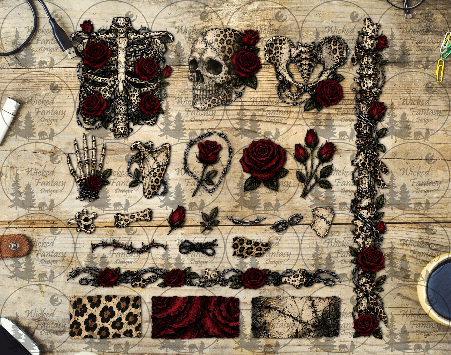 UVDTF Leopard Roses Skeleton Multimedia Element Sheet