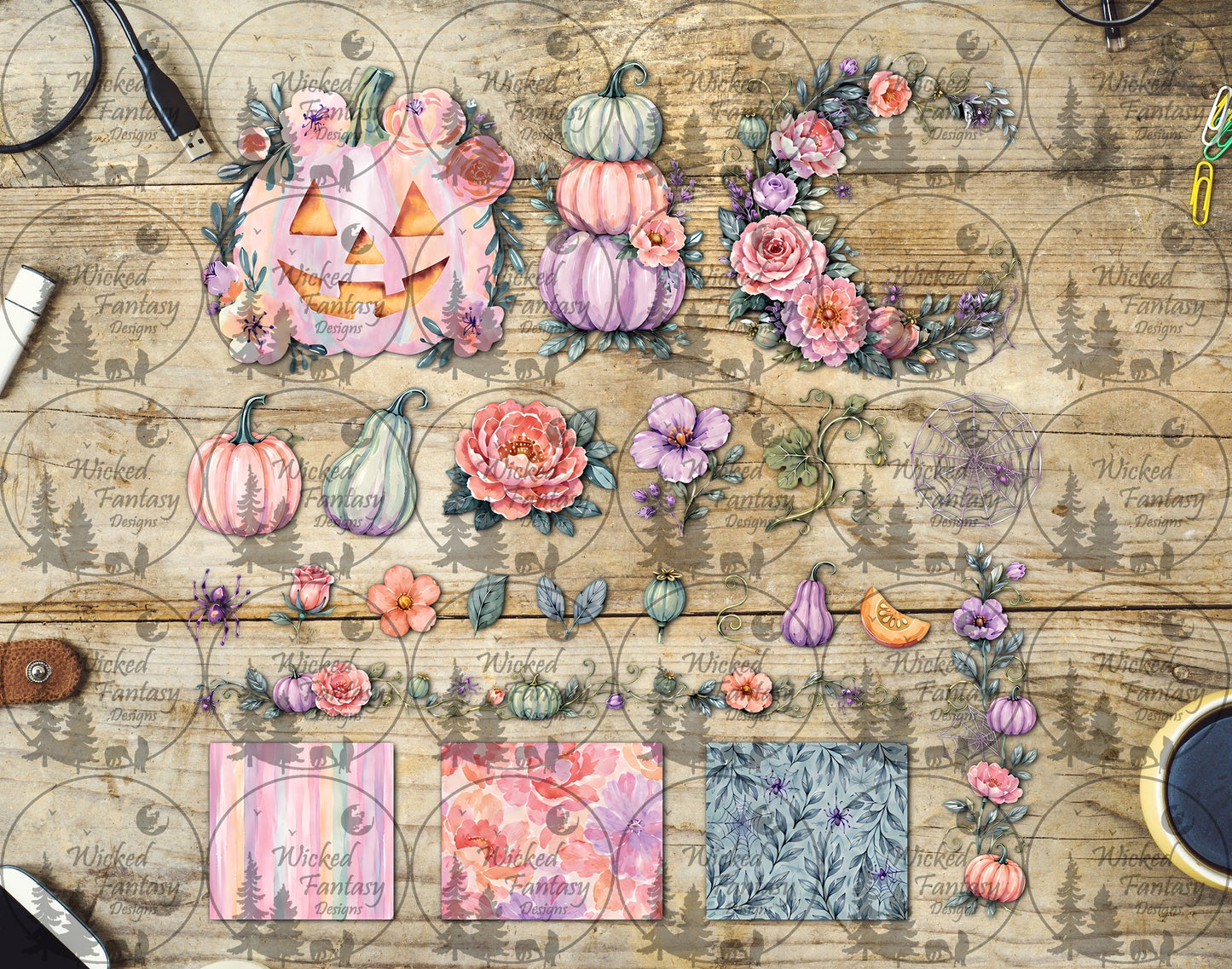 UVDTF Pink Jack O Lantern Floral Multimedia Element Sheet
