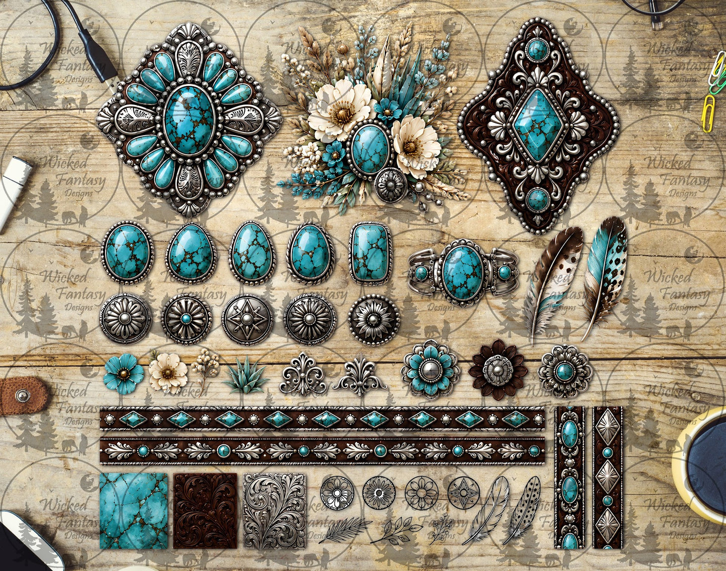 UVDTF Silver and Turquoise Conchos Multimedia Element Sheet