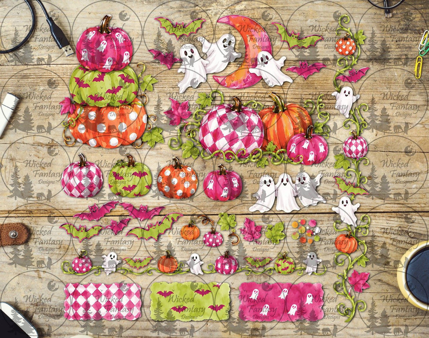 UVDTF Pink and Lime Ghosts and Bats Multimedia Element Sheet
