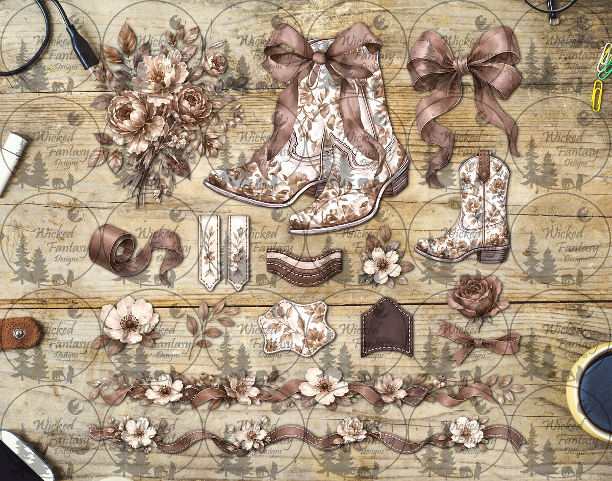 UVDTF Floral Neutrals Cowboy Boots and Bows Element Sheet