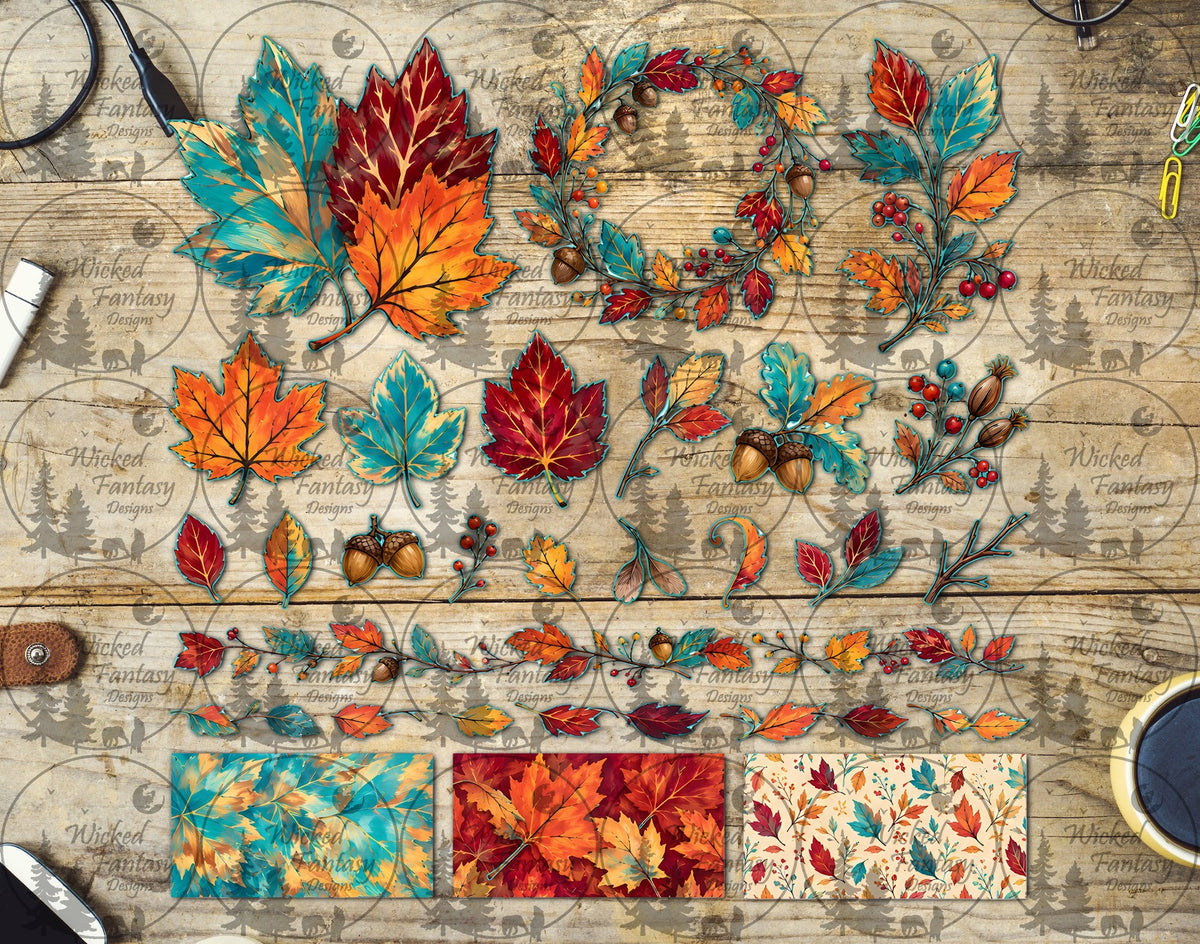 UVDTF Teal and Rust Autumn Leaves Multimedia Element Sheet