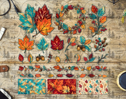 UVDTF Teal and Rust Autumn Leaves Multimedia Element Sheet
