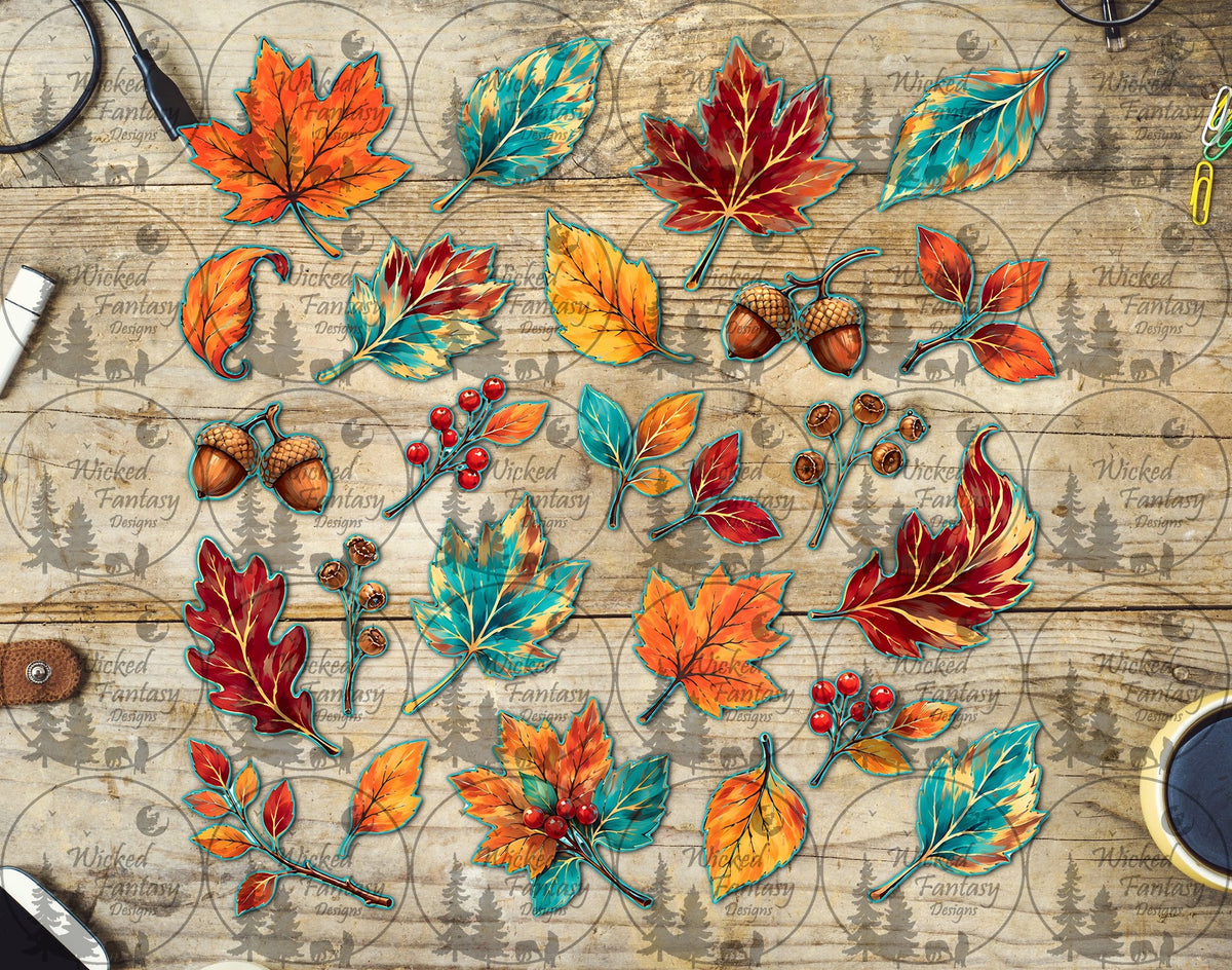 UVDTF Teal and Rust Autumn Leaves Element Sheet