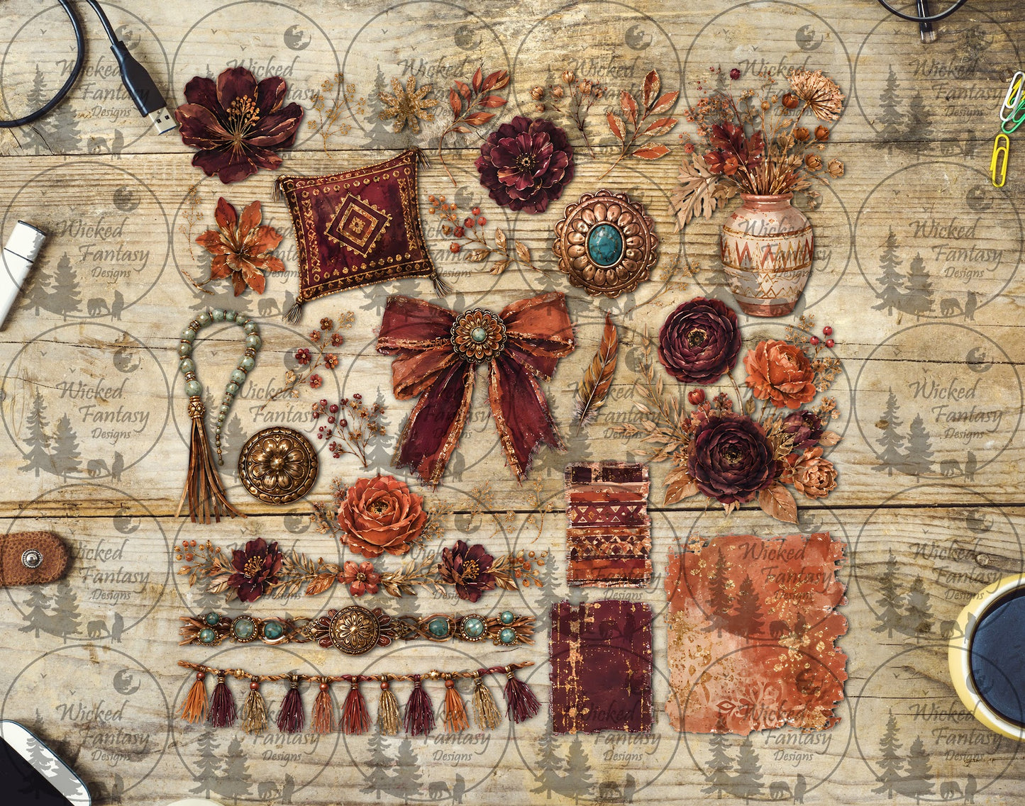 UVDTF Burgundy and Rust Florals Filler Element Sheet