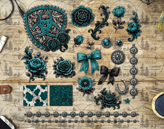 UVDTF Western Teal Floral and Conchos Multimedia Element Sheet