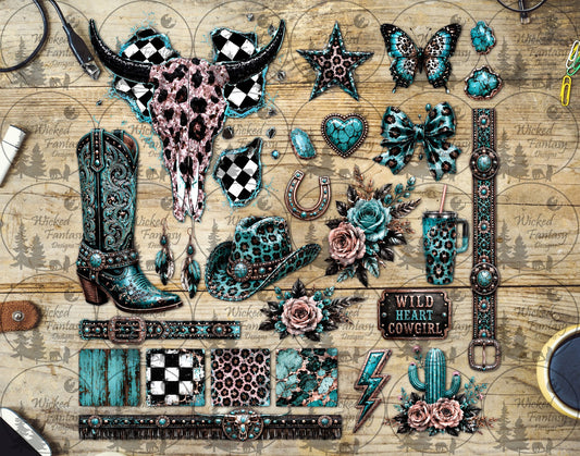 A coordinated western-themed scrapbook or craft embellishment set arranged on a rustic wood background. The collection includes turquoise and black western boots, a pink-and-black leopard-print skull, matching skull patch, butterfly embellishments, bows, floral pieces, star and heart motifs, a horseshoe, a hat, a cactus, lightning bolts, checkerboard accents, and multiple belt and bracelet-style strips with western patterns and turquoise stone details.
