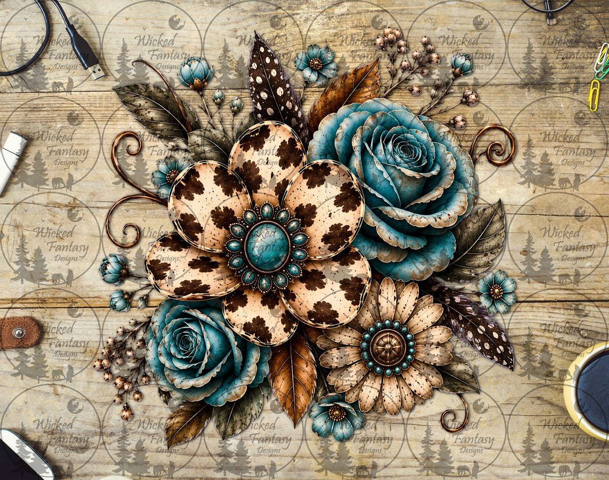 UVDTF Rustic Tan and Teal Cow Print Concho Floral Arrangement