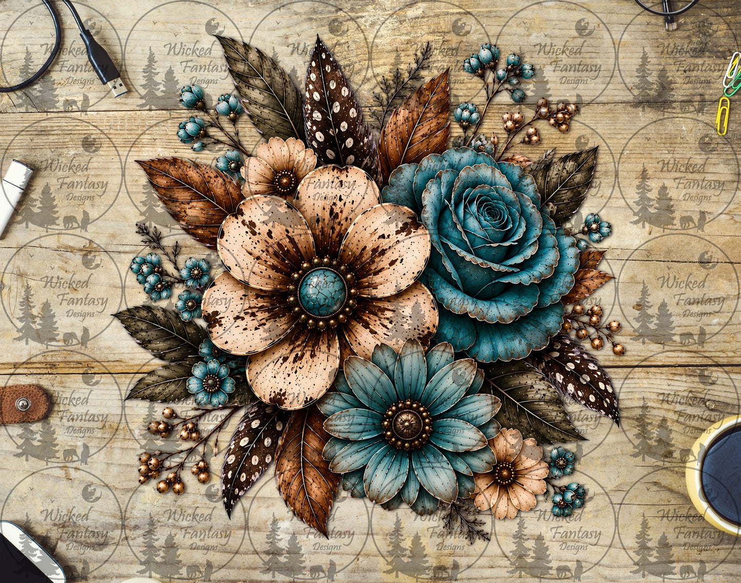 UVDTF Rustic Tan and Teal Concho Floral Arrangement