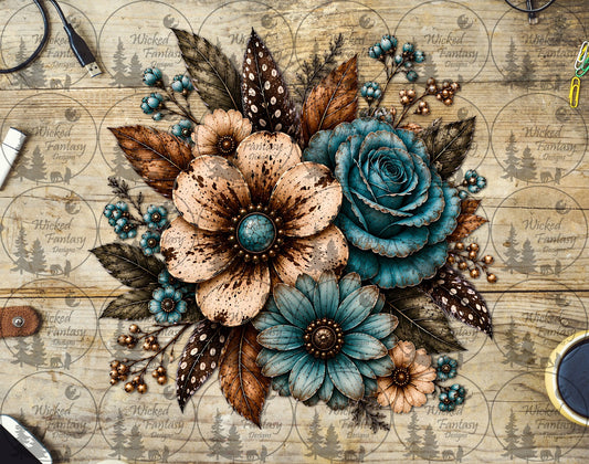 UVDTF Rustic Tan and Teal Concho Floral Arrangement
