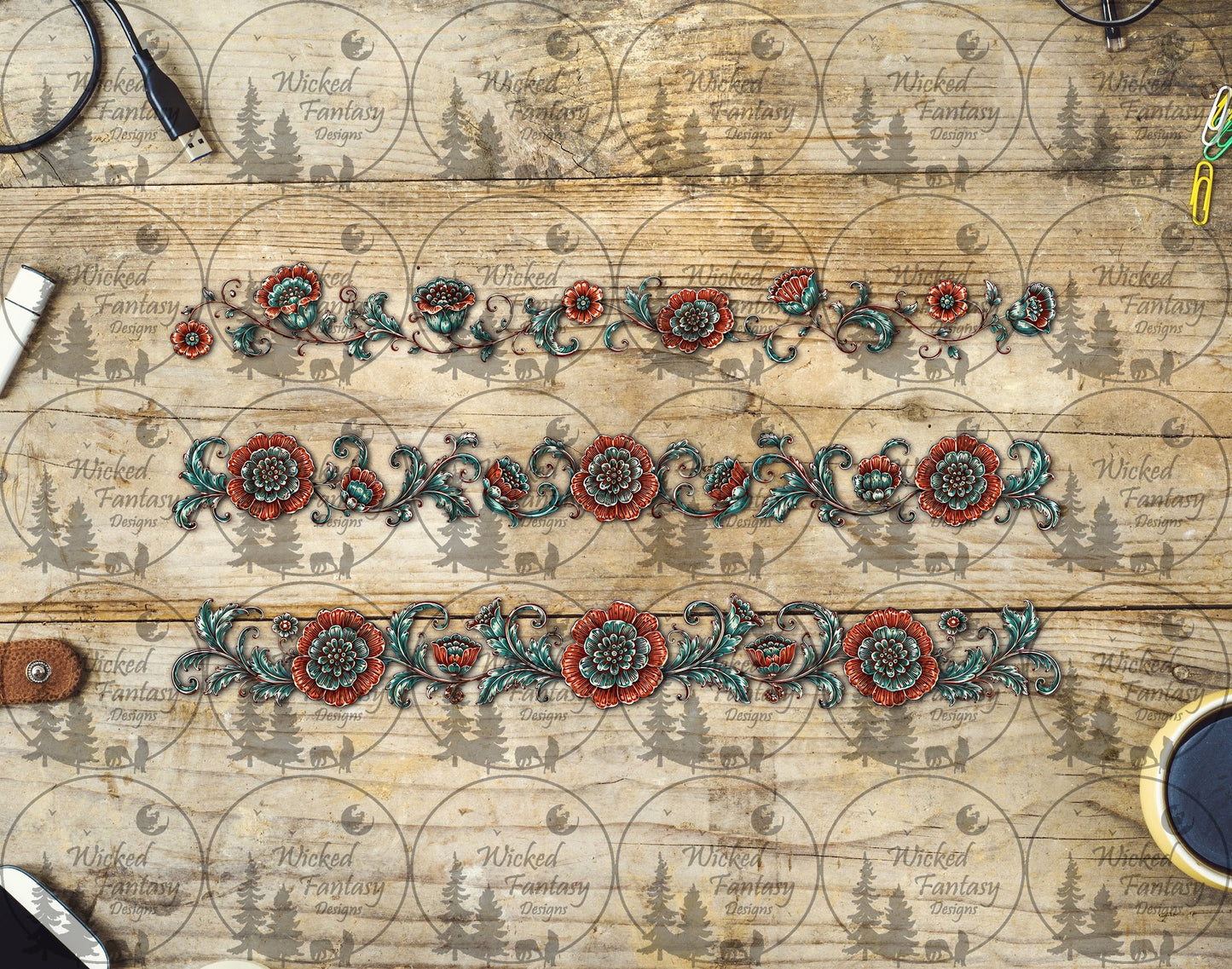 UVDTF Rust and Teal Western Floral Border Element