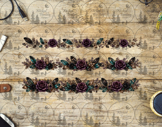 UVDTF Black Teal and Violet Floral Border Element