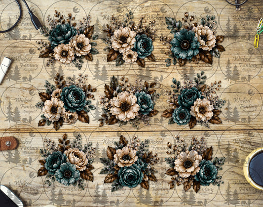 UVDTF Ivory and Teal Floral Element Sheet