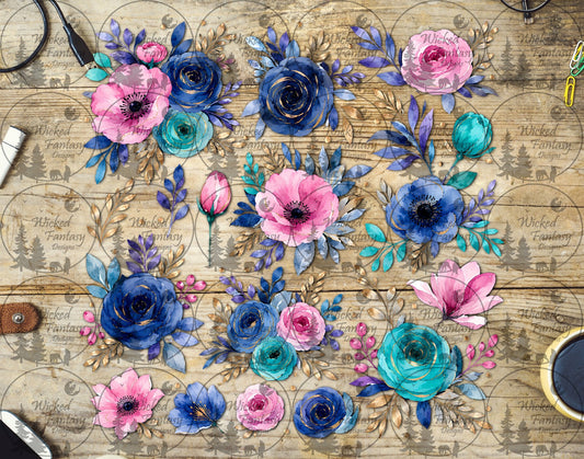 UVDTF Bright Pink and Blue Watercolor Floral Element Sheet