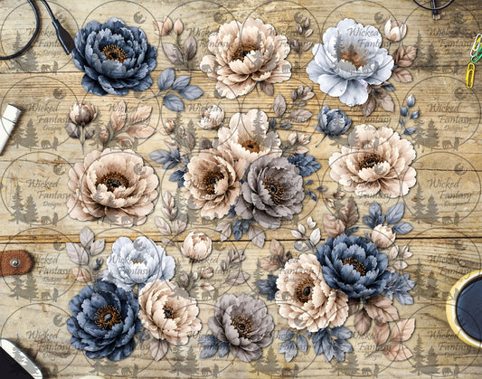 UVDTF Dusty Blue and Ivory Floral Element Sheet