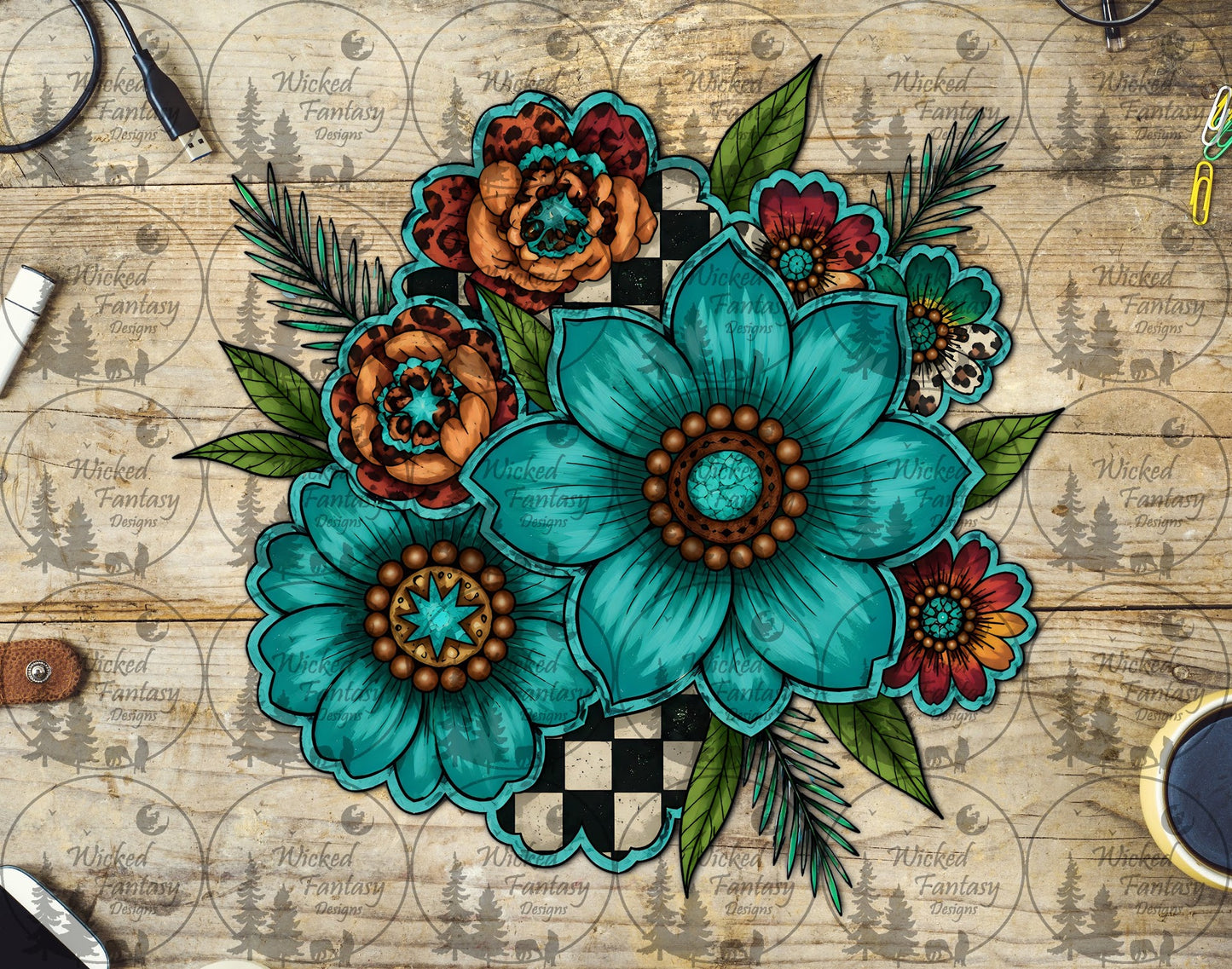 UVDTF Checkered Serape Teal Floral Arrangement