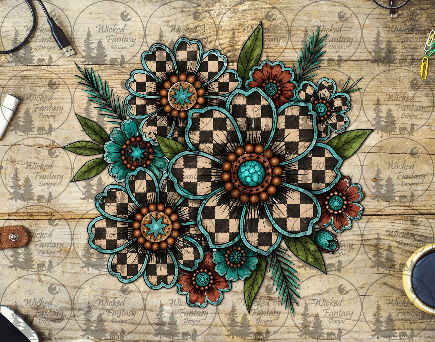 UVDTF Checkered Concho Floral Arrangement