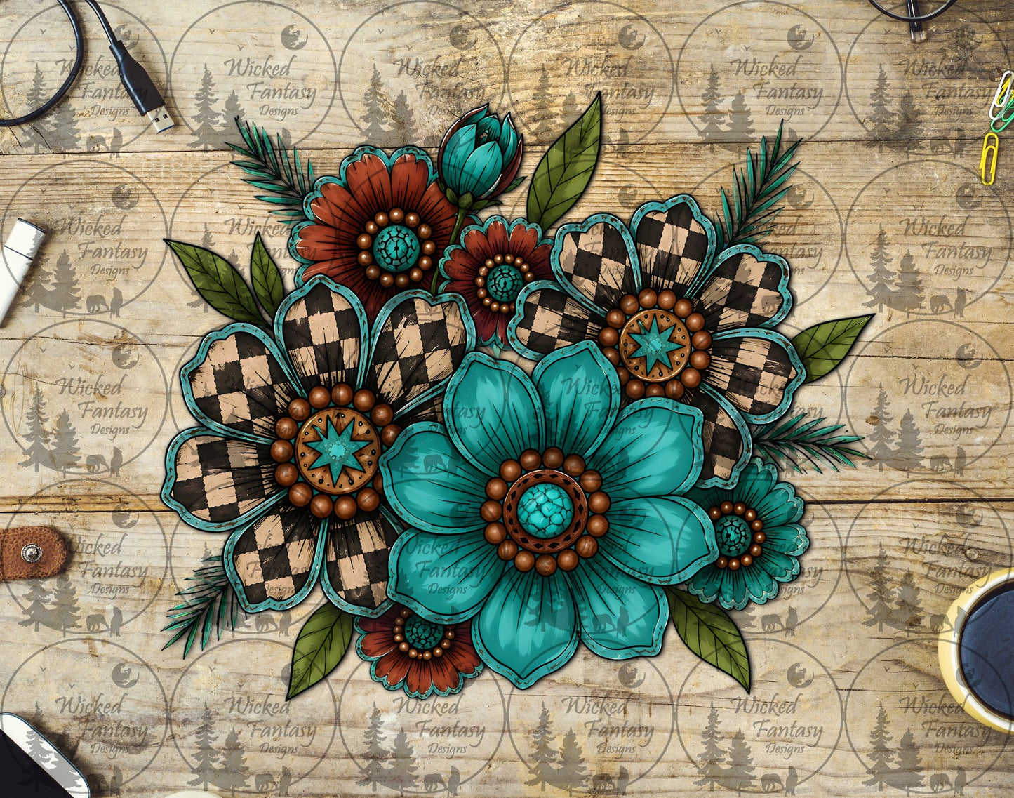 UVDTF Checkered Rust and Teal Concho Floral Arrangement