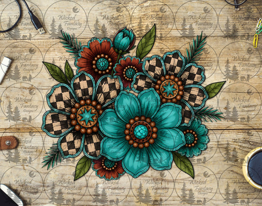 UVDTF Checkered Rust and Teal Concho Floral Arrangement