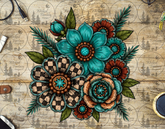 UVDTF Checkered Rust and Teal Florals