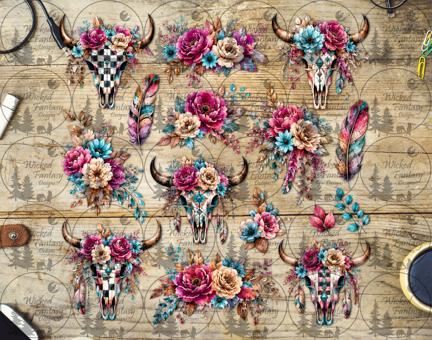 UVDTF Pink Peony Checkered Cow Skulls Element Sheet