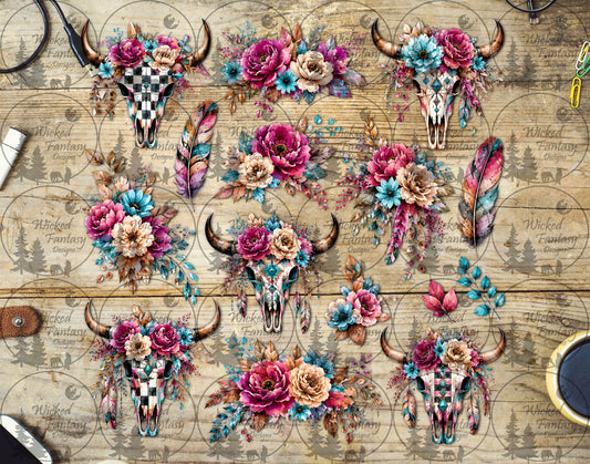 UVDTF Pink Peony Checkered Cow Skulls Element Sheet