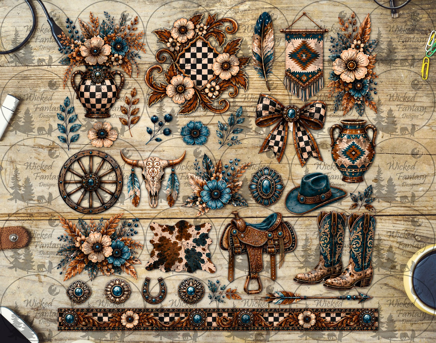 UVDTF Checkered Western Rust and Teal Element Sheet