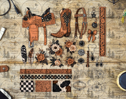UVDTF Checkered Western Saddle Leather Multimedia Element Sheet