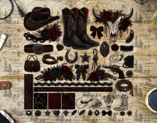 UVDTF Burgundy and Black Floral Cow Skull Multimedia Element Sheet