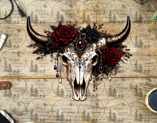 UVDTF Red and Black Roses Cow Skull