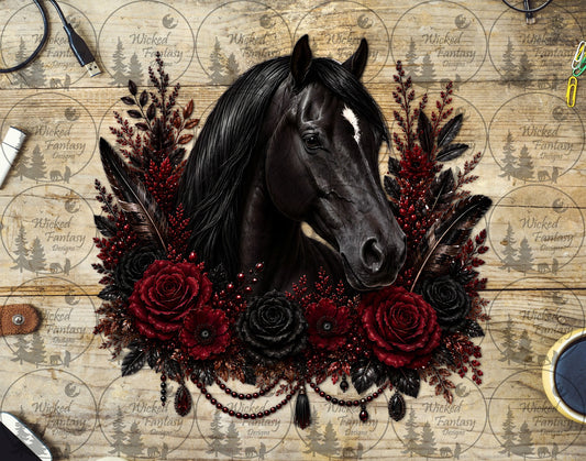 UVDTF Burgundy and Black Roses and Lilies Black Horse