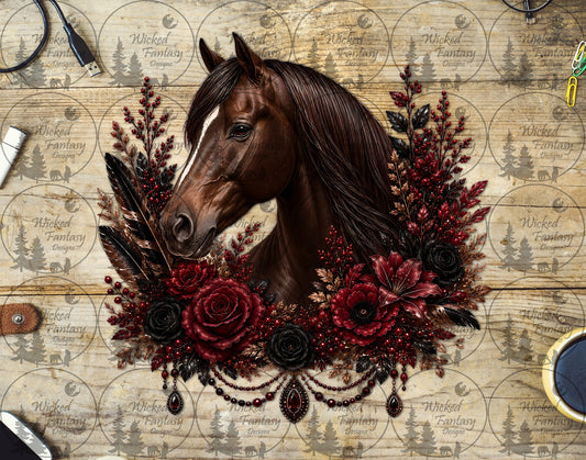 UVDTF Burgundy and Black Roses and Lilies Chestnut Horse