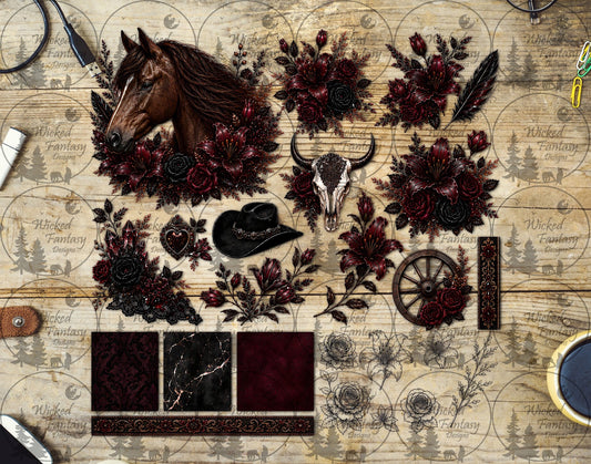 UVDTF Elegant Burgundy and Black Floral Horse Multimedia Element Sheet