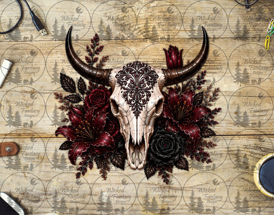 UVDTF Burgundy and Black Roses and Lilies Cow Skull