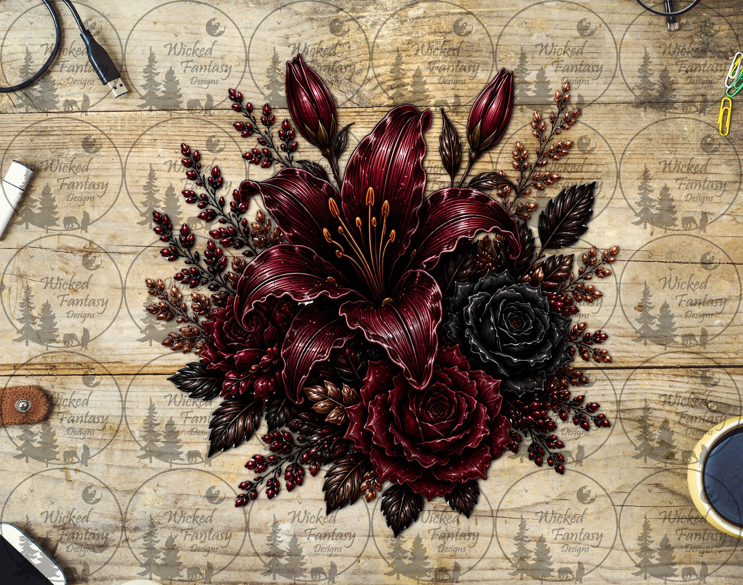 UVDTF Burgundy and Black Roses and Lily Flower Arrangement
