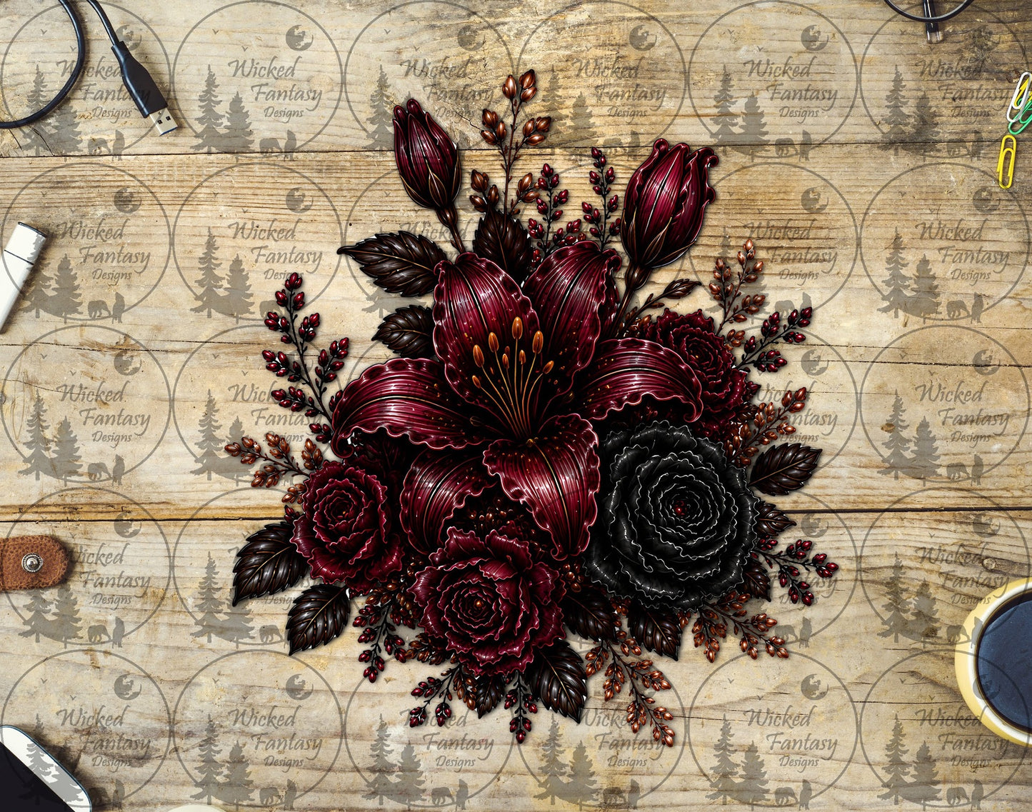 UVDTF Burgundy and Black Roses and Lily