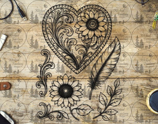 UVDTF Tooled Heart Sunflowers Line Art