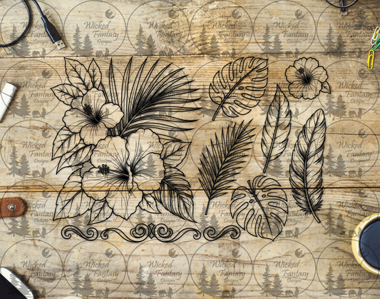 UVDTF Hibiscus and Palm Fronds Line Art