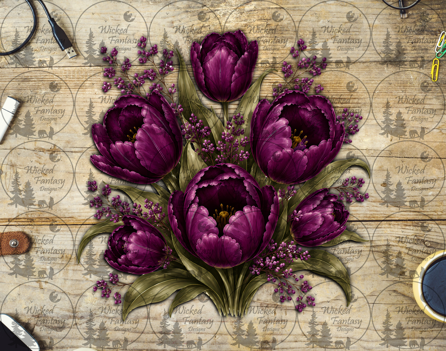 UVDTF Aubergine Tulips Floral Arrangement