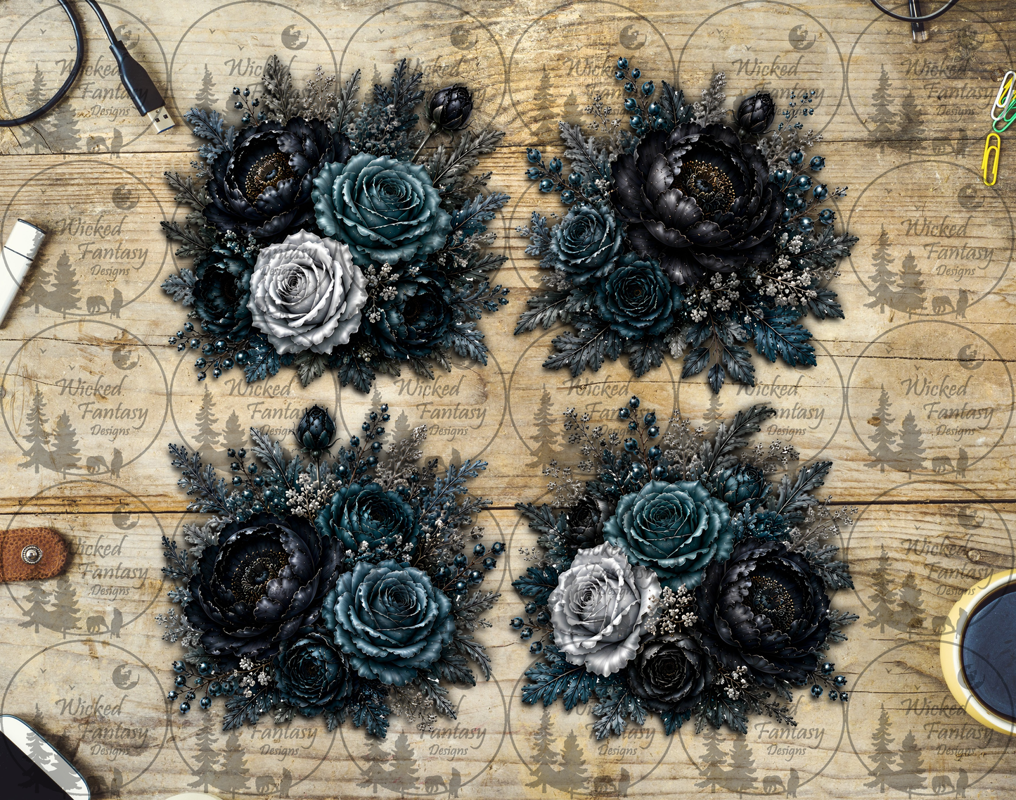 UVDTF Dark Teal Floral Arrangements