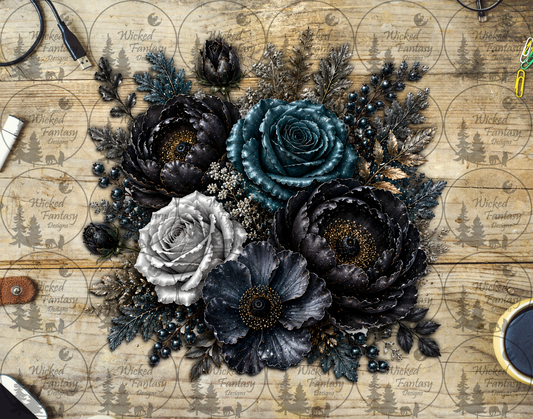 UVDTF Black and Dark Teal Floral Arrangement