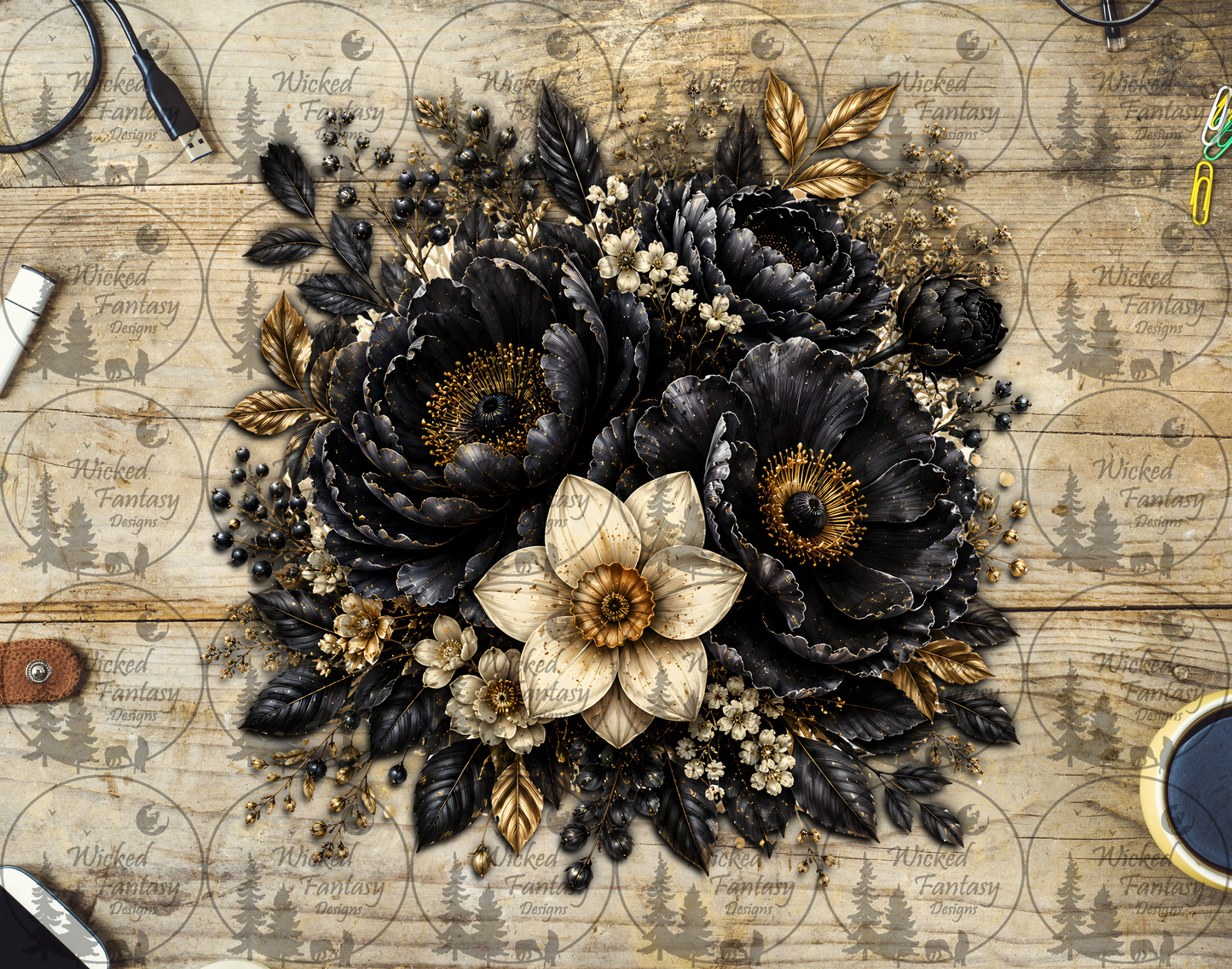 UVDTF Black and Gold Floral