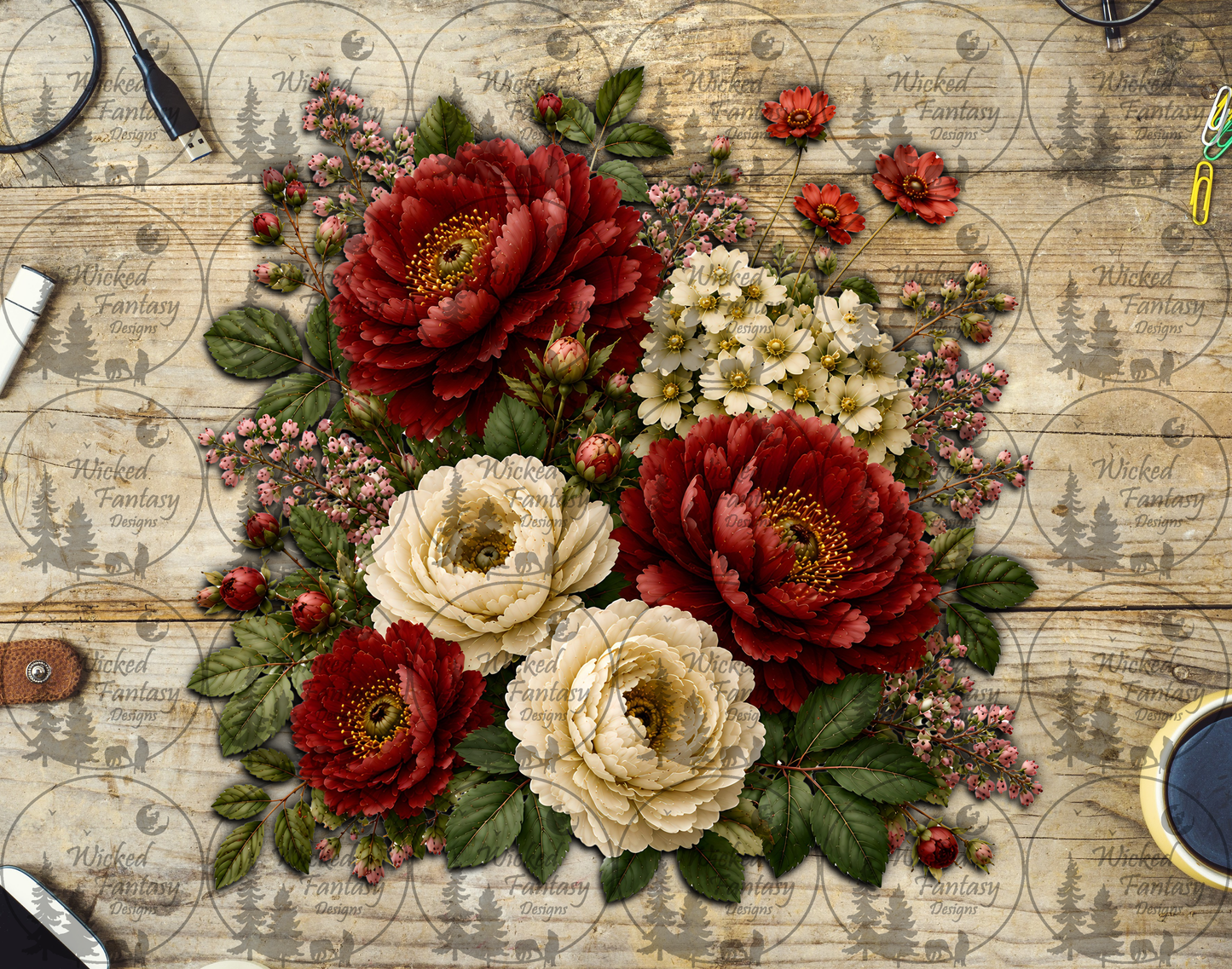 UVDTF Red and Ivory Floral
