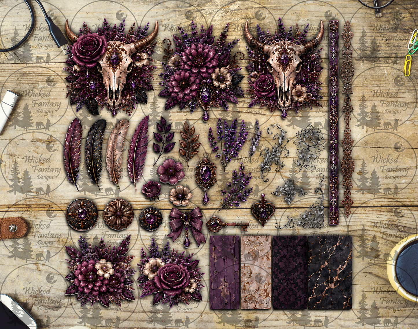 UVDTF Boho Plum Floral Cow Skull Multimedia Element Sheet